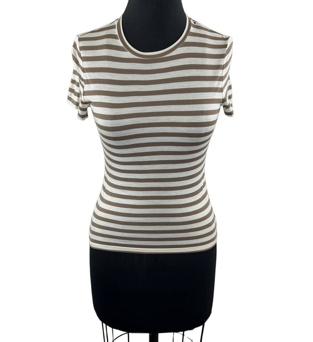 THEORY Brown and White Stripe Short Sleeve Crew Neck Tee T-Shirt Slim-Fit P XS